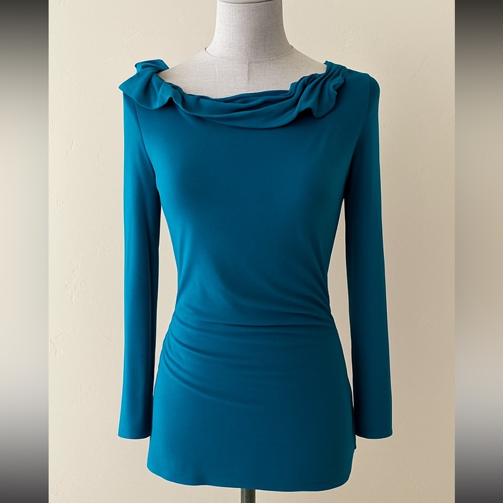 Deletta by Anthropologie Teal Ruffle Shoulder Long Sleeve Top - Size Small